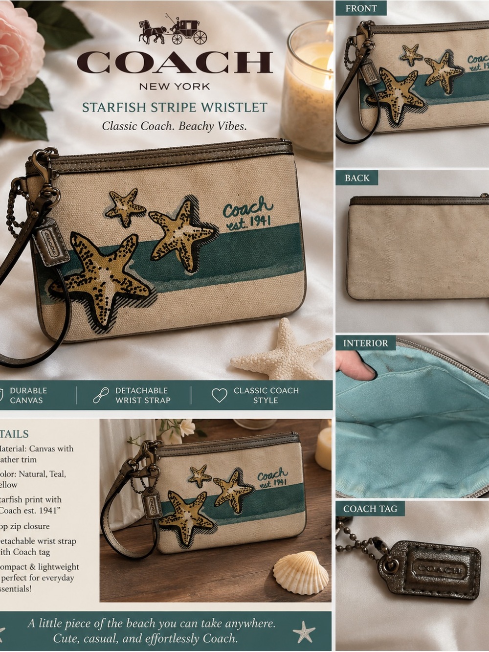 Coach Starfish Stripe Wristlet - Natural & Teal Canvas